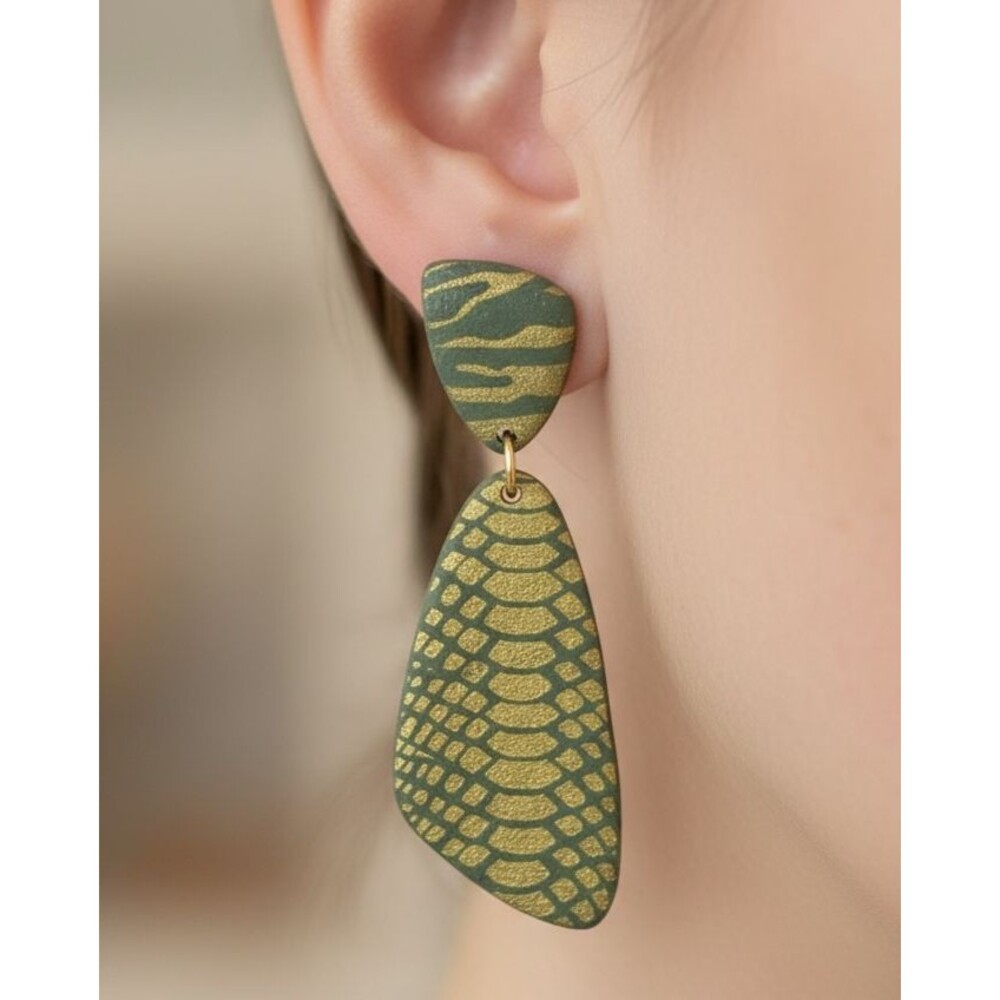 Handmade Green Gold Snake Print Polymer Clay Dangle Statement Earrings